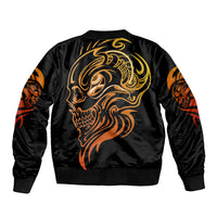 Black unisex bomber jacket with golden skull face tattoo on back, ribbed hem