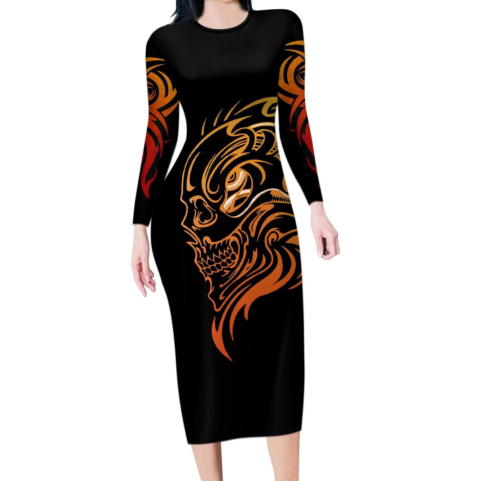 Tattoo Skull Long Sleeve Bodycon Dress Golden Skull Face Tattoo - Wonder Print Shop