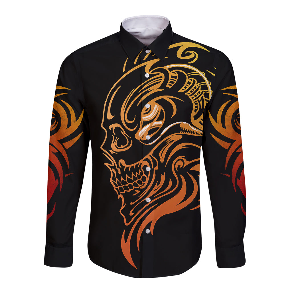 Tattoo Skull Long Sleeve Button Shirt Golden Skull Face Tattoo - Wonder Print Shop