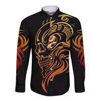 Black long-sleeve button shirt with gold skull face tattoo graphic
