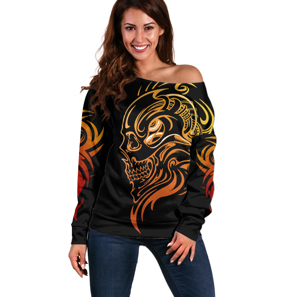 Tattoo Skull Off Shoulder Sweater Golden Skull Face Tattoo - Wonder Print Shop