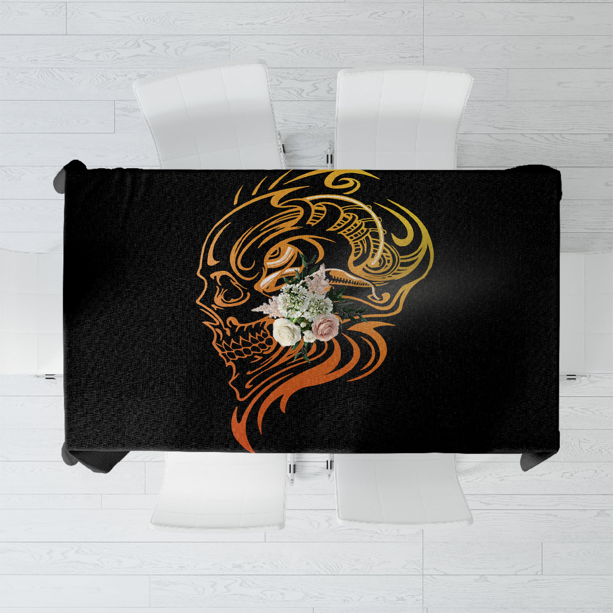 Black tattoo skull face tablecloth with ornate golden graphic center