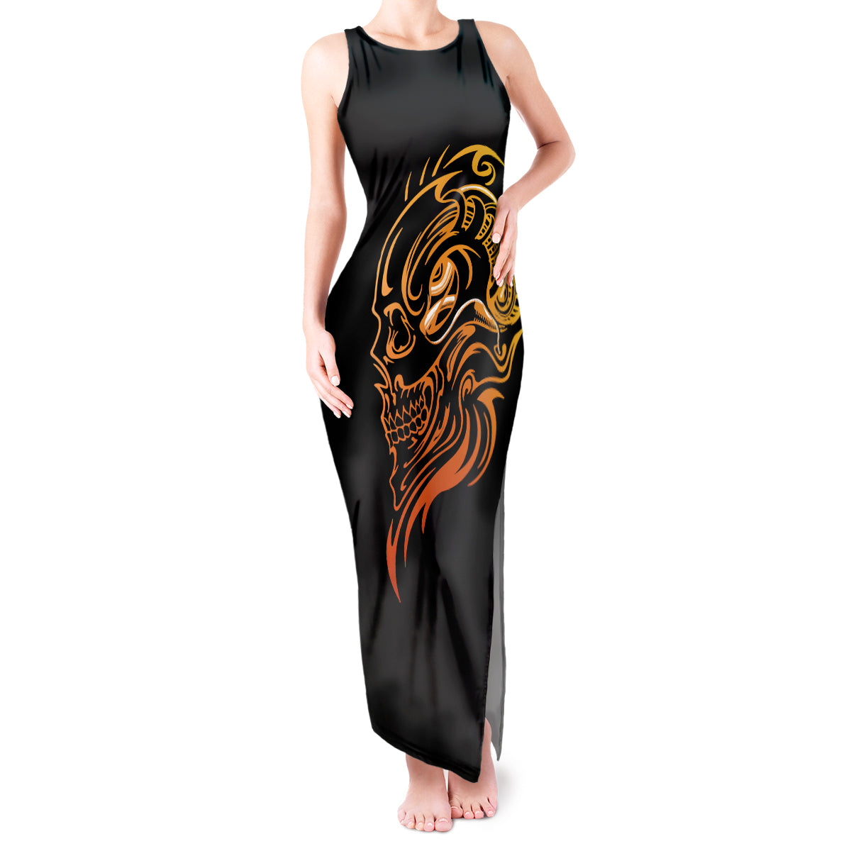 tattoo-skull-tank-maxi-dress-golden-skull-face-tattoo