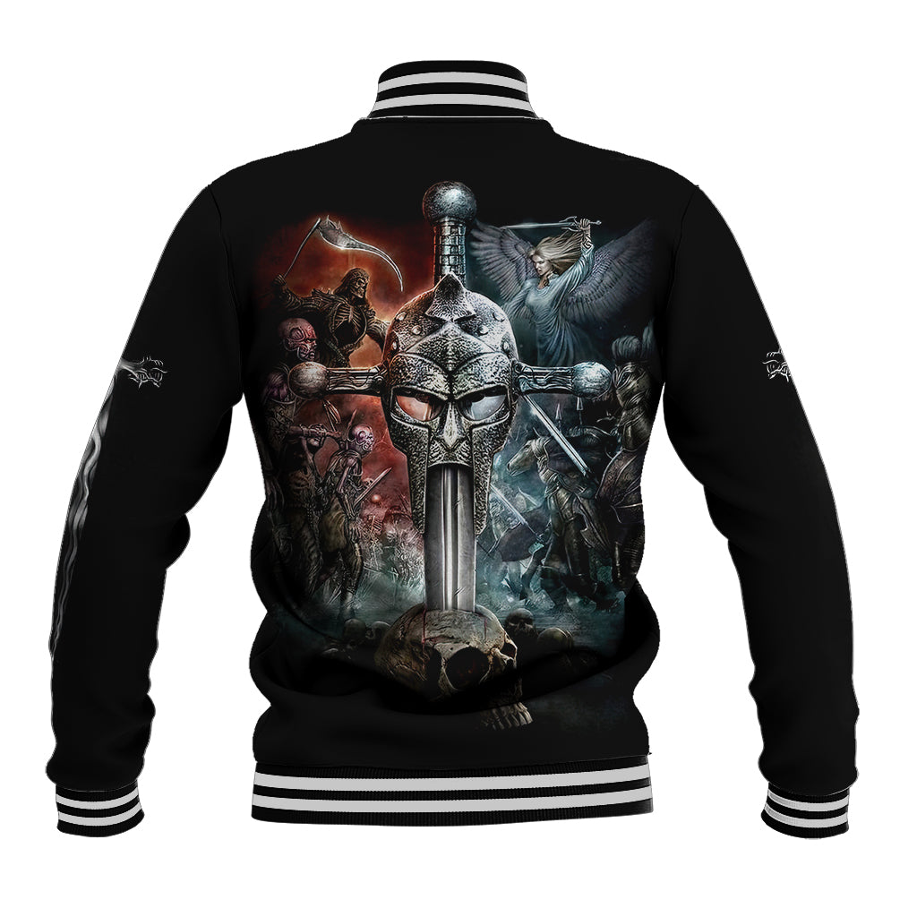 Black baseball jacket with back knight and sword graphic, striped ribbed collar and cuffs