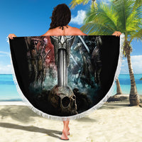 Round black skull warrior beach blanket with sword design and white fringed edge