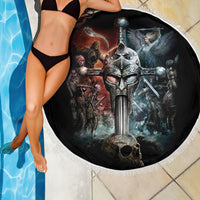 Black round beach blanket with skull warrior sword print and white fringed border