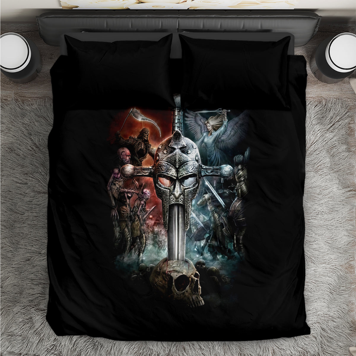 Black bedding set with armored warrior and skull graphic, includes duvet and two pillowcases