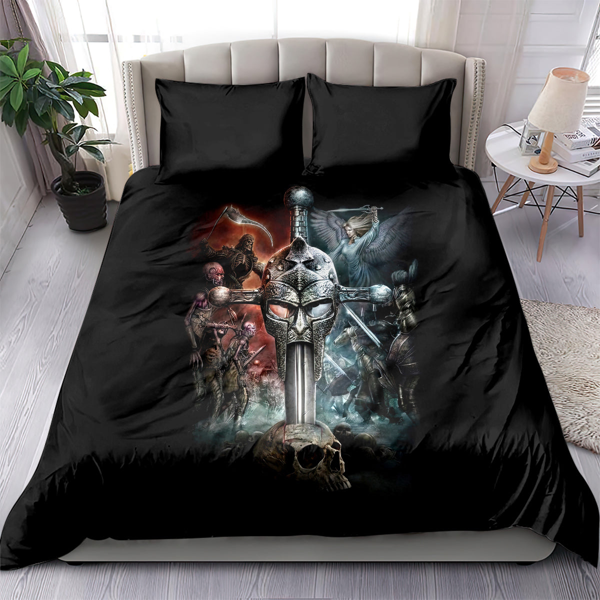 Black duvet cover with Viking warrior artwork and skulls, two black pillow shams