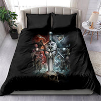 Black duvet cover with Viking warrior artwork and skulls, two black pillow shams