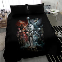 Black duvet with armored knight, sword, and warrior skull scene; two pillowcases