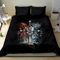 Black bedding set featuring armored Viking figures, sword and skull artwork; duvet and pillows