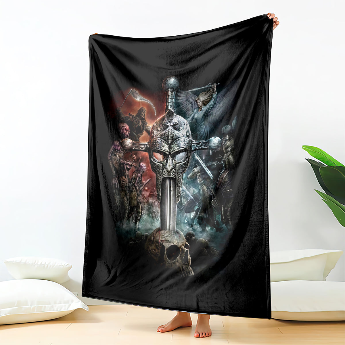 Black warrior skull blanket with printed armored figures, sword, and dragon graphic