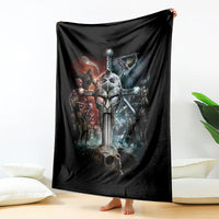 Black warrior skull blanket with printed armored figures, sword, and dragon graphic