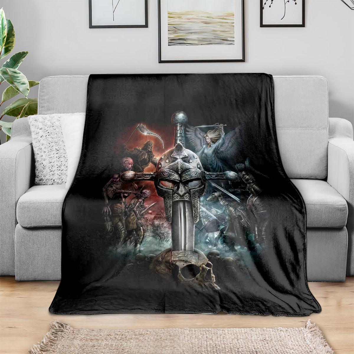 Black warrior skull throw blanket showing armored knights, sword, and skull scene