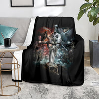 Black warrior skull blanket on sofa with printed knights, sword, skull, and blue figure