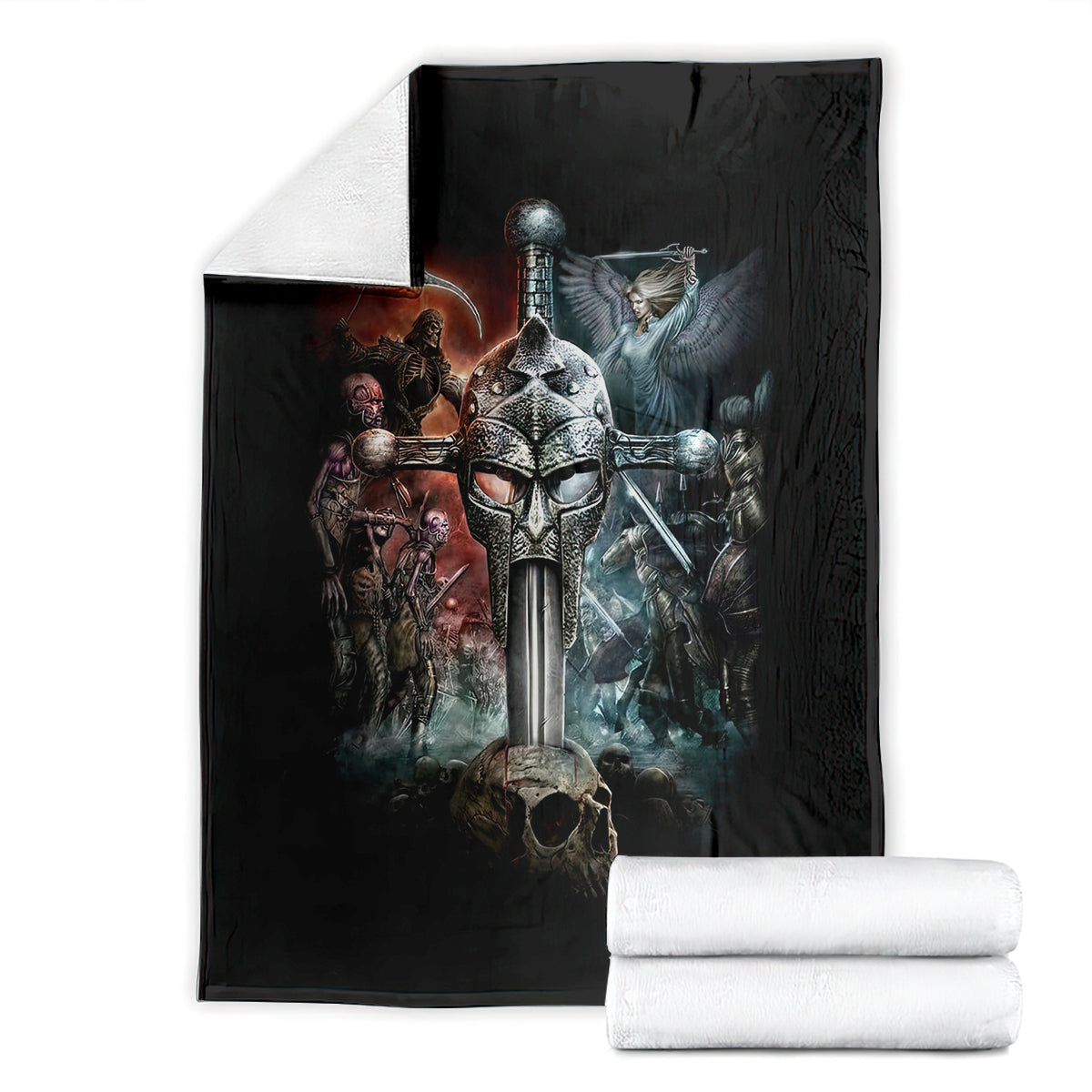 Black warrior skull blanket set, folded with printed armored sword and skull artwork