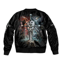 Black bomber jacket with ribbed collar and large back warrior knight sword artwork