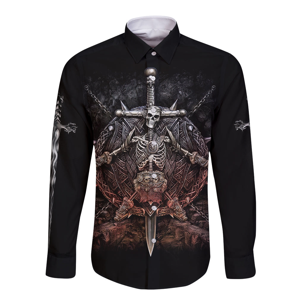 Unisex black skull warrior long-sleeve button shirt, front skull with sword graphic