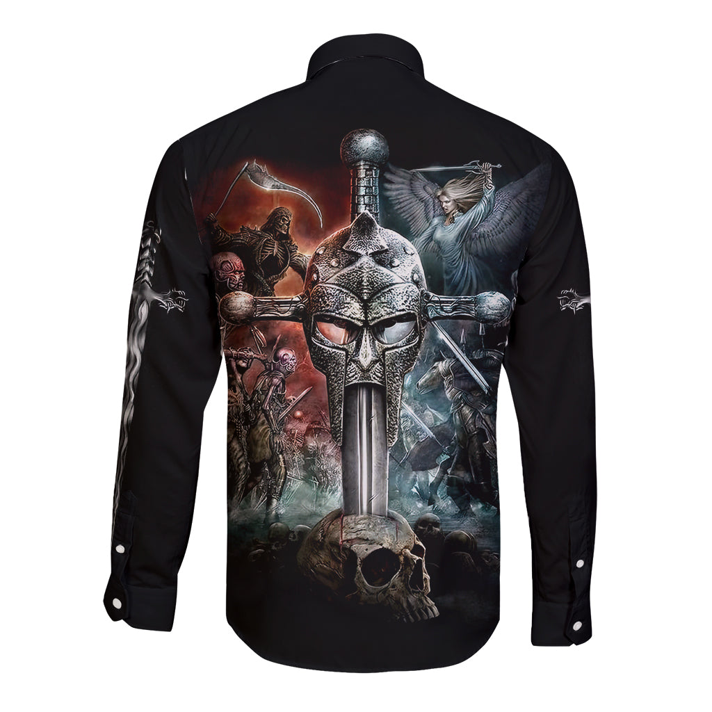 Unisex black skull warrior long-sleeve button shirt, back skull helmet with sword design