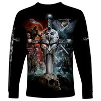 Black long sleeve warrior helmet T-shirt with sword and battlefield scene graphic