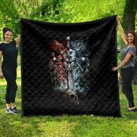 Warrior skull quilt, black diamond-quilted blanket with red/blue warrior knight sword artwork