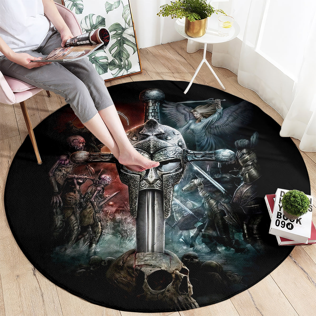 Round black rug with armored knight, winged figure, sword, skull, and fantasy battle art