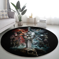 Round black rug featuring central armored sword figure with skull and battle scene