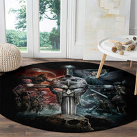Round black rug with Viking warrior and sword design, skull details, and battle artwork
