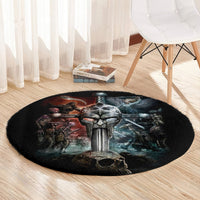 Round black rug with central armored figure, sword, skull, and red-blue fantasy battle art