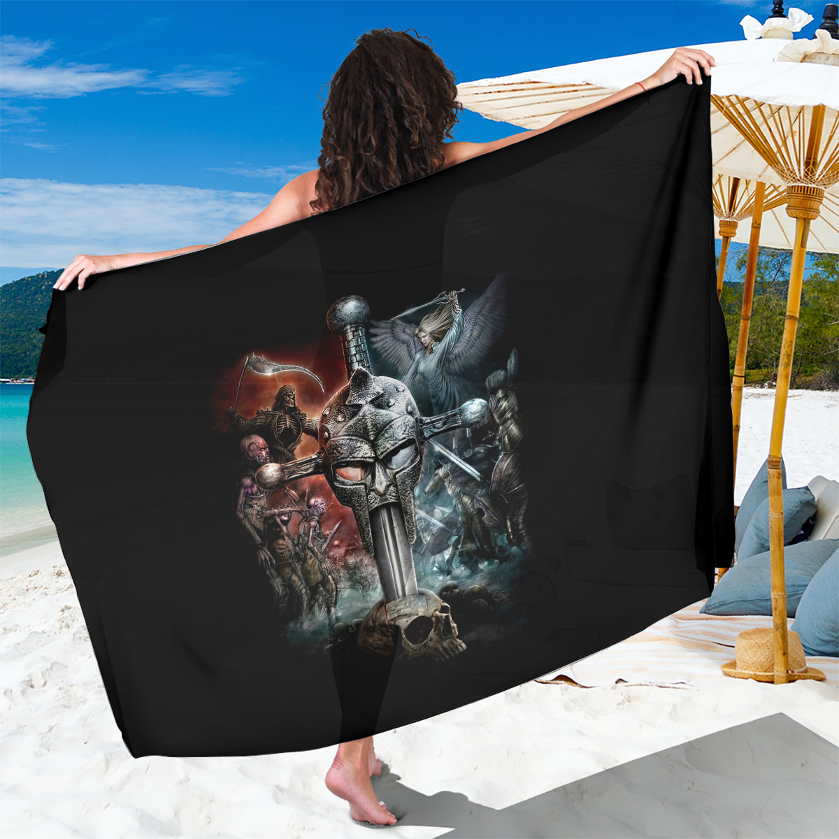 Black skull warrior sarong with sword print, large folded drape
