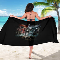 Black skull warrior sarong with back-center sword and helmet graphic