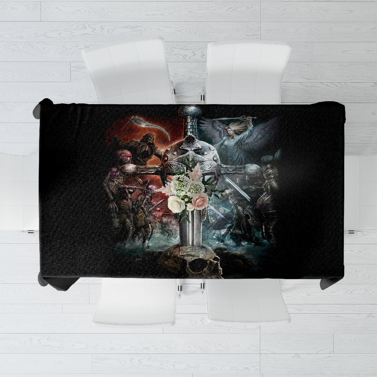 Black tablecloth with warrior skull artwork, rectangular print centered on the fabric