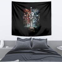 Black warrior skull tapestry featuring sword and armored figures, hung above bed
