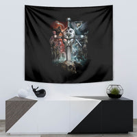 Black warrior skull tapestry with armored knight and red-blue scene, mounted on wall