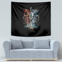 Black warrior skull tapestry with armored warriors and sword motif, hanging above sofa