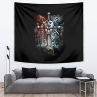 Black warrior skull tapestry showing armored knights and central skull motif on wall