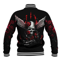 Black baseball jacket with striped ribbed cuffs, winged skull and red rose back print.