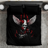 Black bedding set with skull, red roses, and white angel wings graphic