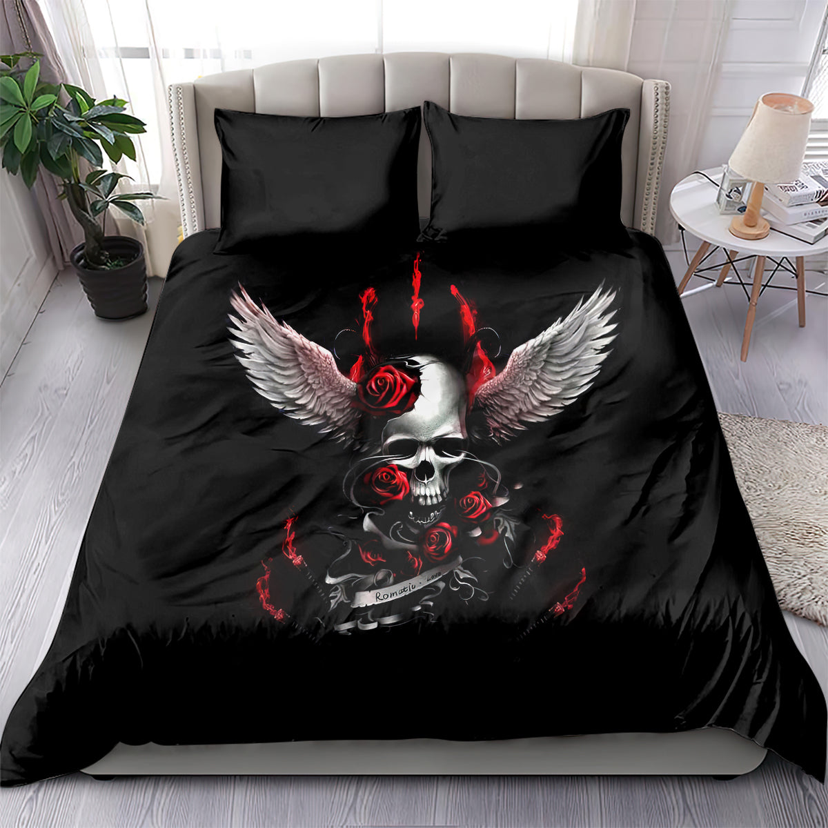 Black duvet bedding set with skull, red flames, roses, and wing design