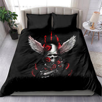 Black duvet bedding set with skull, red flames, roses, and wing design
