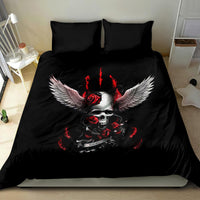 Black bedding set with skull and red rose angel wings printed on duvet and pillowcases