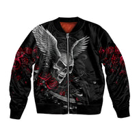 Black bomber jacket with zip front, winged skull and rose graphic sleeves