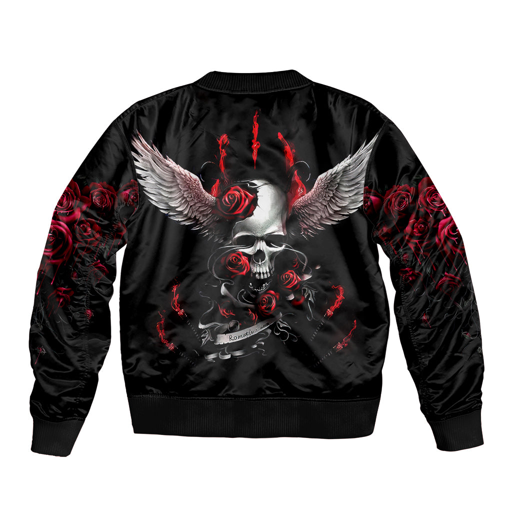 Black bomber jacket back with winged skull, roses and red flame-style accents