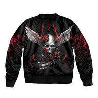 Black bomber jacket back with winged skull, roses and red flame-style accents