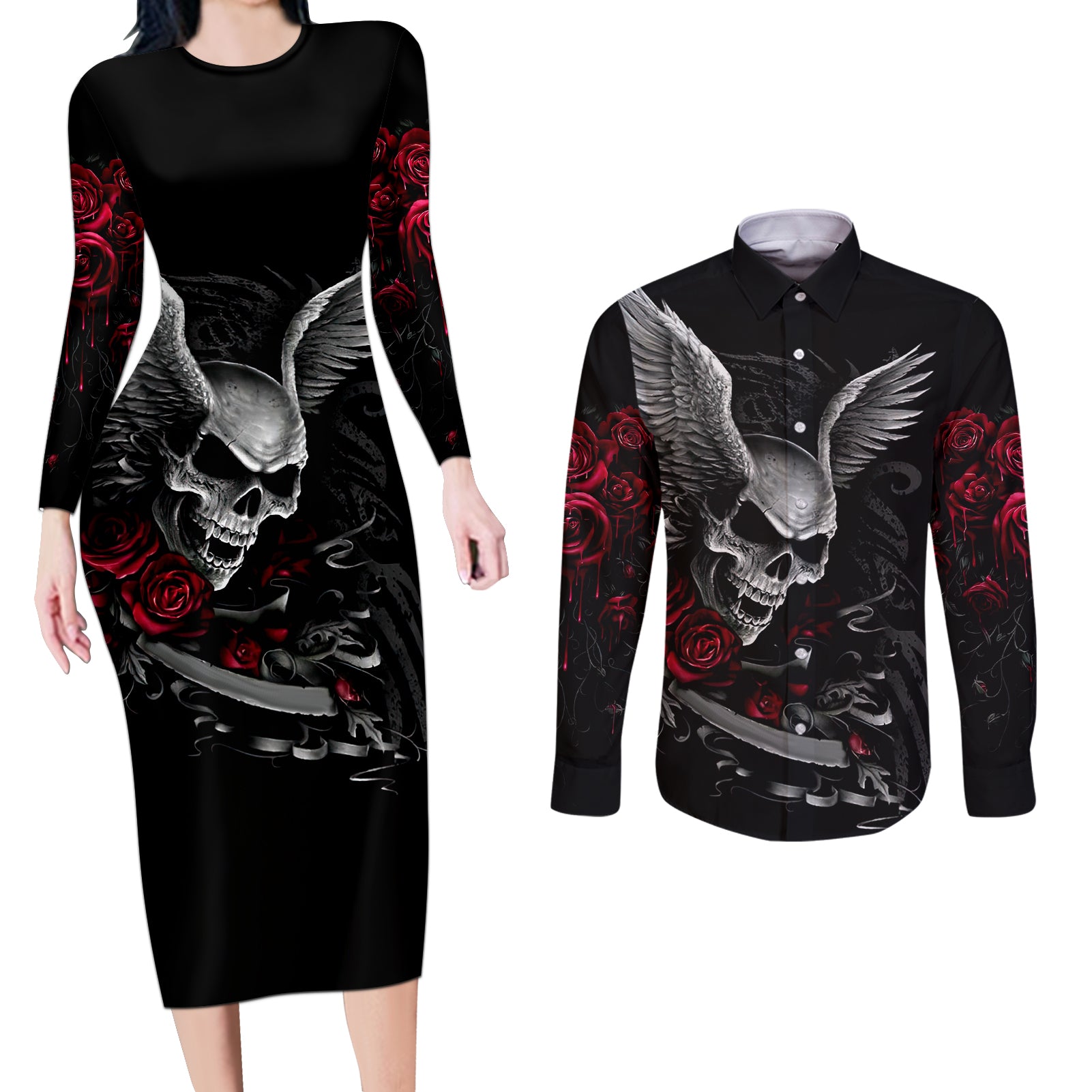 Wings Rose Skull Couples Matching Long Sleeve Bodycon Dress and Long Sleeve Button Shirts Romantic Rose Skull Wings - Wonder Print Shop