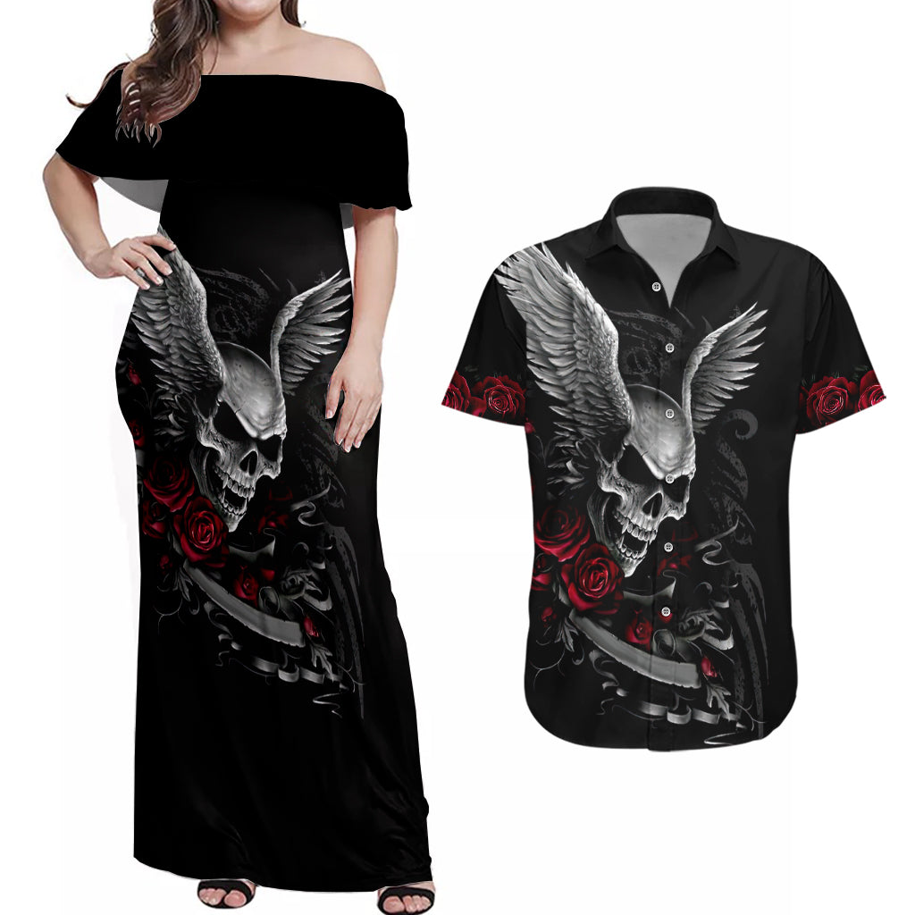 Wings Rose Skull Couples Matching Off Shoulder Maxi Dress and Hawaiian Shirt Romantic Rose Skull Wings - Wonder Print Shop