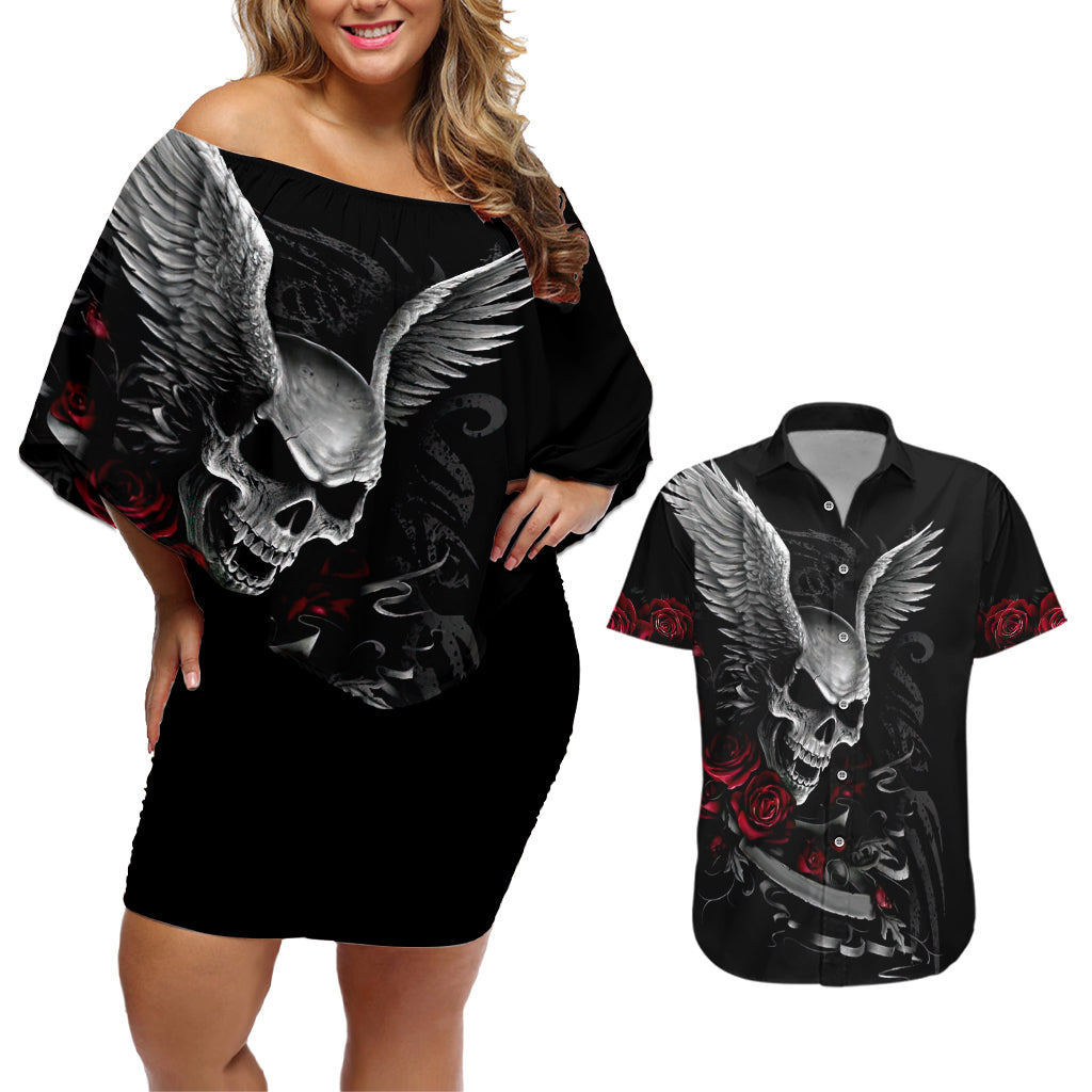 Wings Rose Skull Couples Matching Off Shoulder Short Dress and Hawaiian Shirt Romantic Rose Skull Wings - Wonder Print Shop