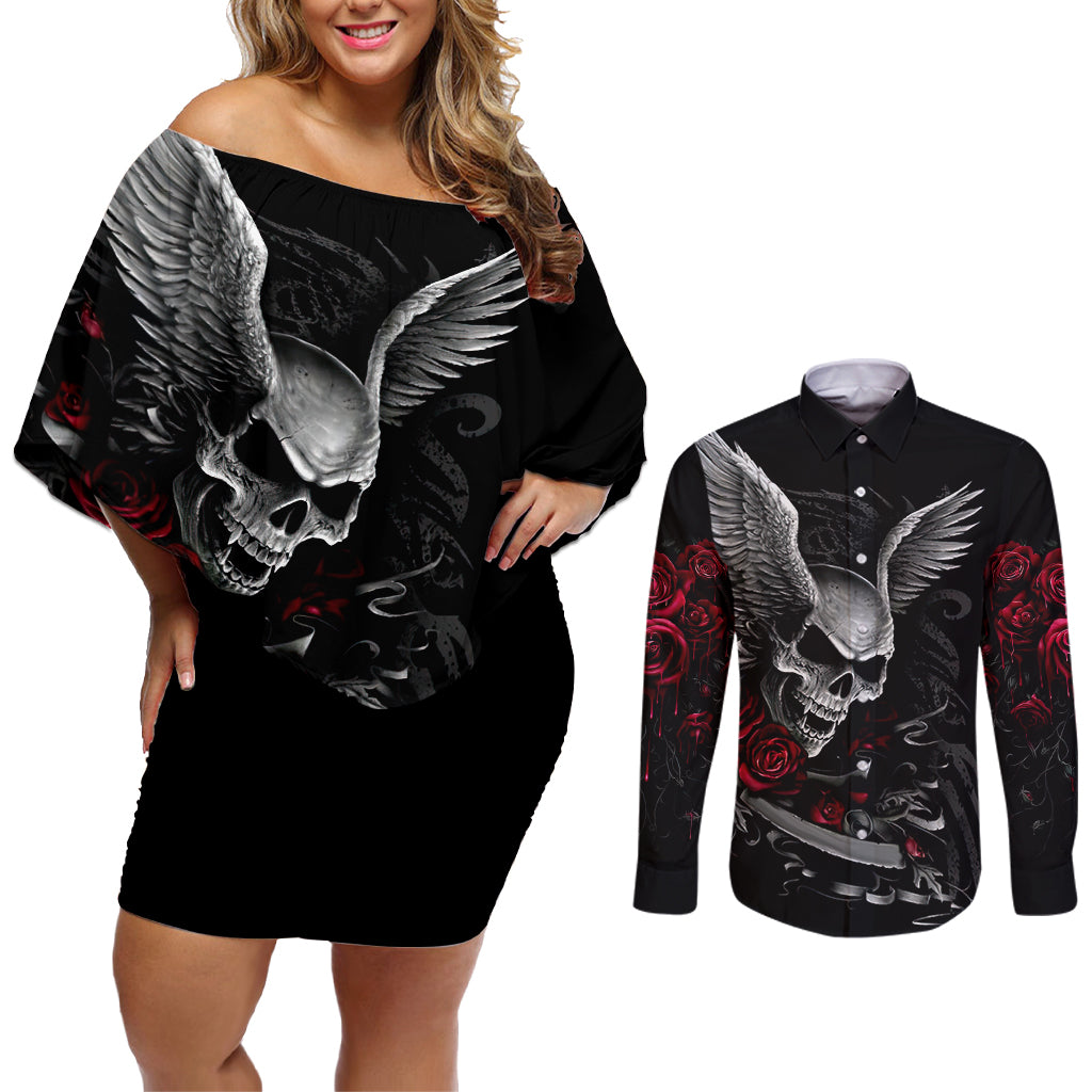 Wings Rose Skull Couples Matching Off Shoulder Short Dress and Long Sleeve Button Shirts Romantic Rose Skull Wings - Wonder Print Shop