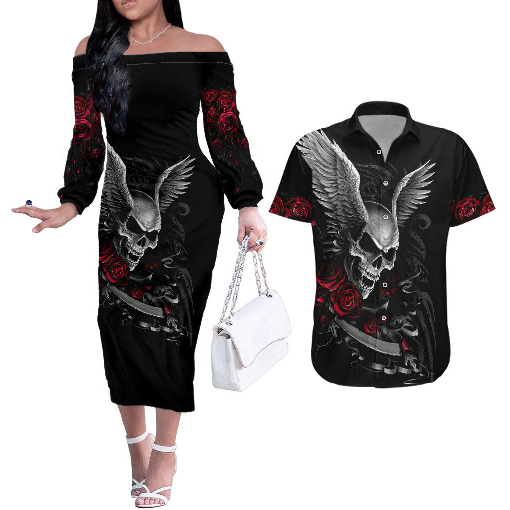 Wings Rose Skull Couples Matching Off The Shoulder Long Sleeve Dress and Hawaiian Shirt Romantic Rose Skull Wings - Wonder Print Shop