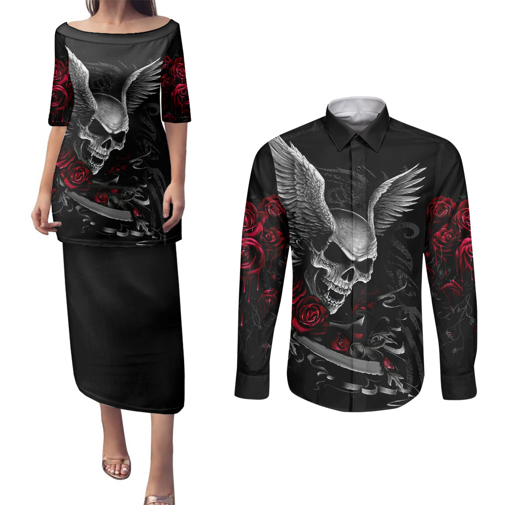 Wings Rose Skull Couples Matching Puletasi Dress and Long Sleeve Button Shirts Romantic Rose Skull Wings - Wonder Print Shop